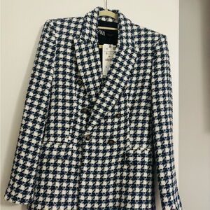 Zara Blue and White Blazer with Bold Pattern